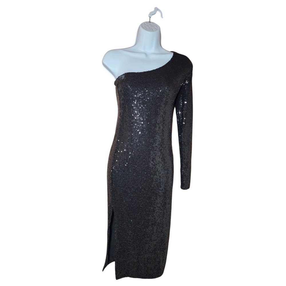 Fashion Nova Fiona Black Sequins One-Shoulder Bodycon Midi Dress W Slit S NWT